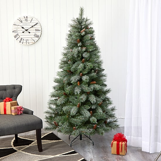 Nearly Natural 6 Foot Snowed French Alps Mountain Pine With Pine Cones And 583 Bendable Branches Christmas Tree