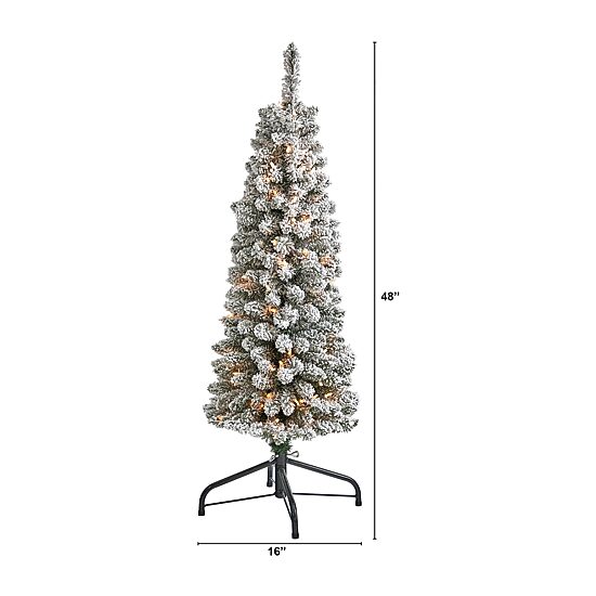 Nearly Natural 4 Foot Flocked Pencil Pine With 216 Bendable Branches And 100 Clear Lights Pre-Lit Christmas Tree