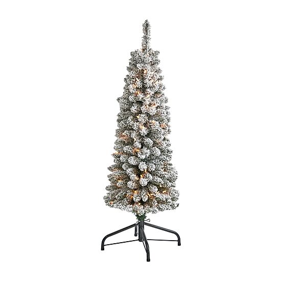 Nearly Natural 4 Foot Flocked Pencil Pine With 216 Bendable Branches And 100 Clear Lights Pre-Lit Christmas Tree
