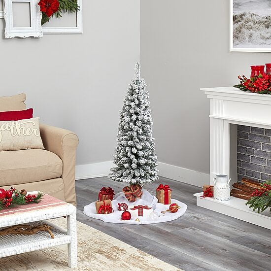 Nearly Natural 4 Foot Flocked Pencil Pine With 216 Bendable Branches And 100 Clear Lights Pre-Lit Christmas Tree