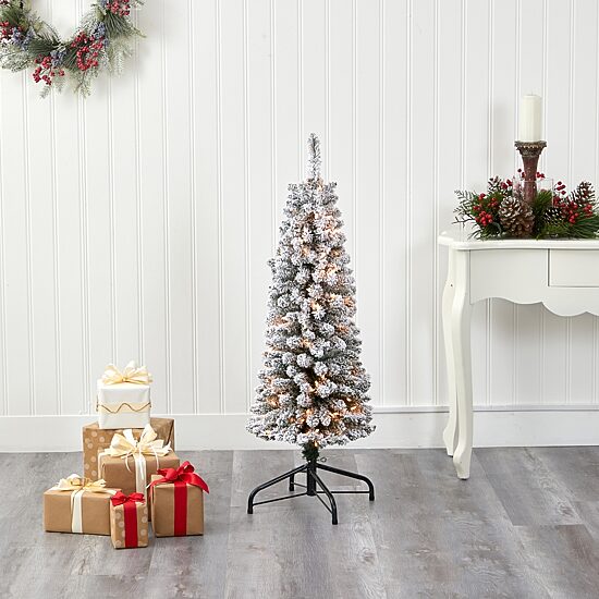 Nearly Natural 4 Foot Flocked Pencil Pine With 216 Bendable Branches And 100 Clear Lights Pre-Lit Christmas Tree