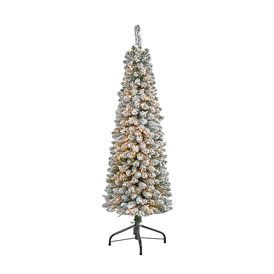 Nearly Natural 5 Foot Pencil Flocked Pine With 318 Bendable Branches And 200 Clear Lights Pre-Lit Christmas Tree