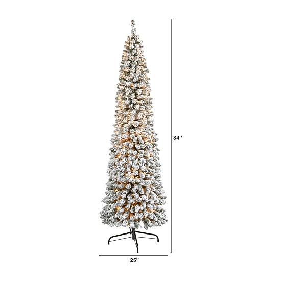 Nearly Natural 7 Foot Flocked Pencil Pine With 574 Bendable Branches And 400 Clear Lights Pre-Lit Christmas Tree