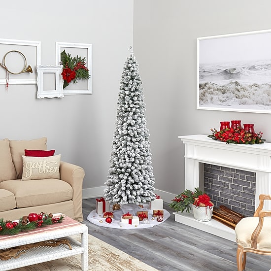 Nearly Natural 7 Foot Flocked Pencil Pine With 574 Bendable Branches And 400 Clear Lights Pre-Lit Christmas Tree
