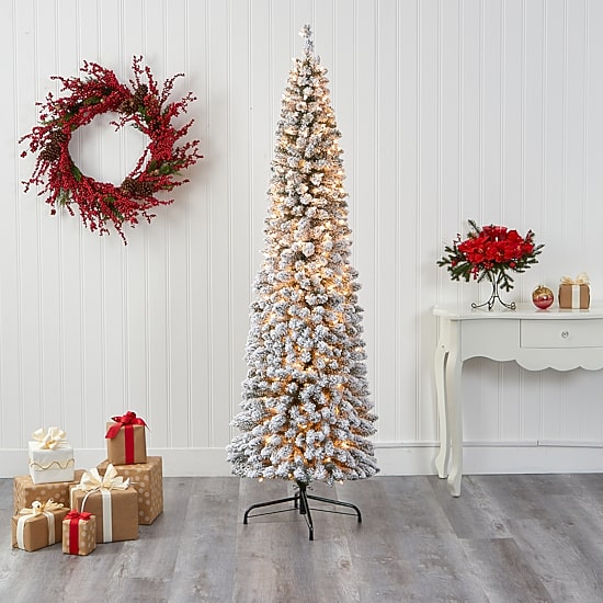 Nearly Natural 7 Foot Flocked Pencil Pine With 574 Bendable Branches And 400 Clear Lights Pre-Lit Christmas Tree