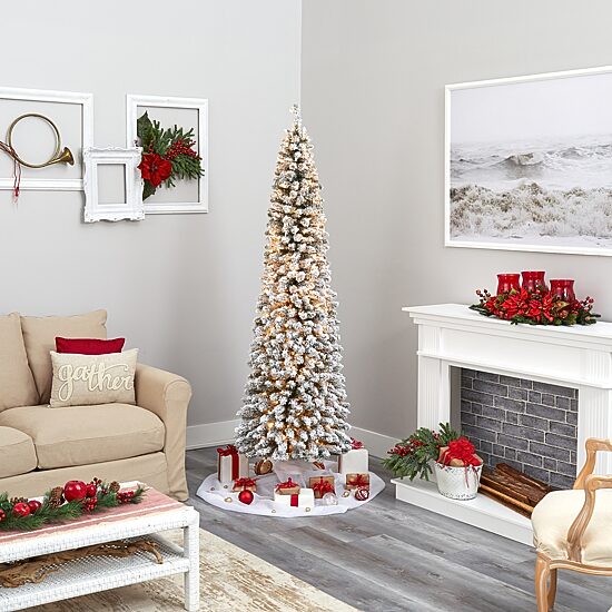 Nearly Natural 7 Foot Flocked Pencil Pine With 574 Bendable Branches And 400 Clear Lights Pre-Lit Christmas Tree