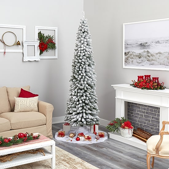 Nearly Natural 8 Foot Flocked Pencil Pine With 646 Bendable Branches And 500 Clear Lights Pre-Lit Christmas Tree