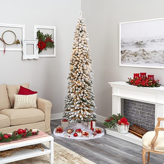 Nearly Natural 8 Foot Flocked Pencil Pine With 646 Bendable Branches And 500 Clear Lights Pre-Lit Christmas Tree