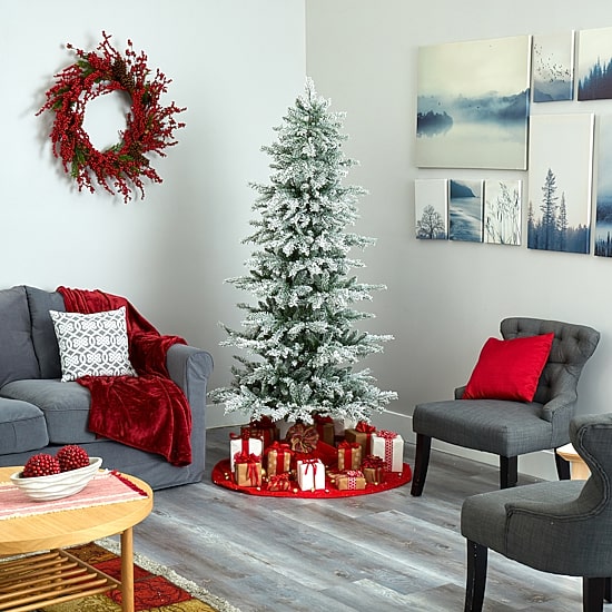 Nearly Natural 6 1/2 Foot Slim Nova Scotia Flocked Spruce With 699 Bendable Branches And 300 Warm White Led Lights Pre-Lit Christmas Tree