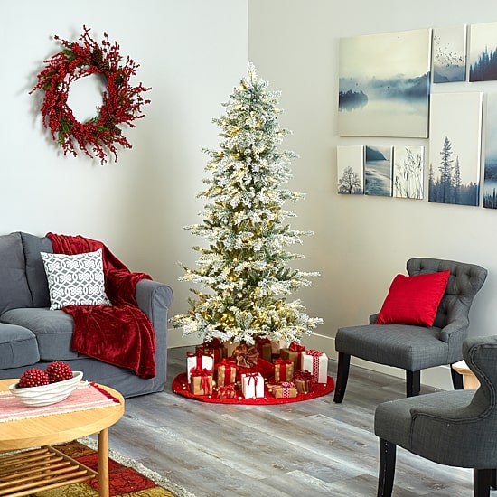Nearly Natural 6 1/2 Foot Slim Nova Scotia Flocked Spruce With 699 Bendable Branches And 300 Warm White Led Lights Pre-Lit Christmas Tree