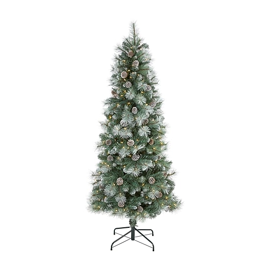 Nearly Natural 6 Foot Frosted Pine With Pine Cones And 588 Bendable Branches And 250 Clear Lights Pre-Lit Christmas Tree