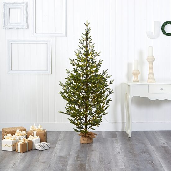 Nearly Natural 6 Foot Fir In Burlap Base With 1243 Bendable Branches And 250 Clear Led Lights Pre-Lit Christmas Tree