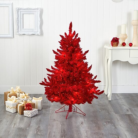 Nearly Natural 4 Foot Red Fir With 270 Bendable Branches And 100 Red Lights And 14 Globe Bulbs Pre-Lit Christmas Tree