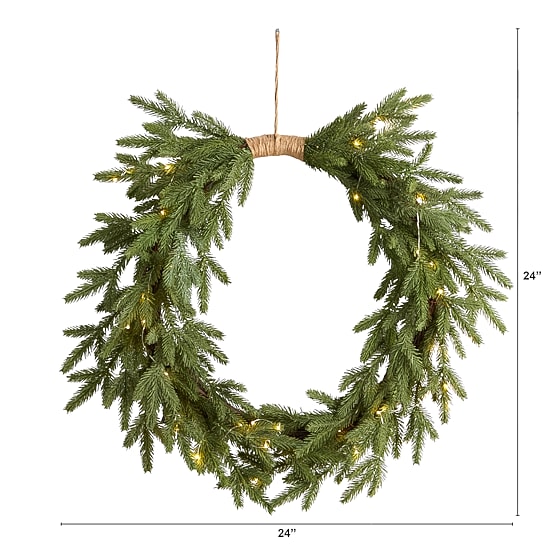 Nearly Natural 24" Holiday Christmas Pre-Lit Cascading Pine Indoor Pre-Lit Christmas Wreath