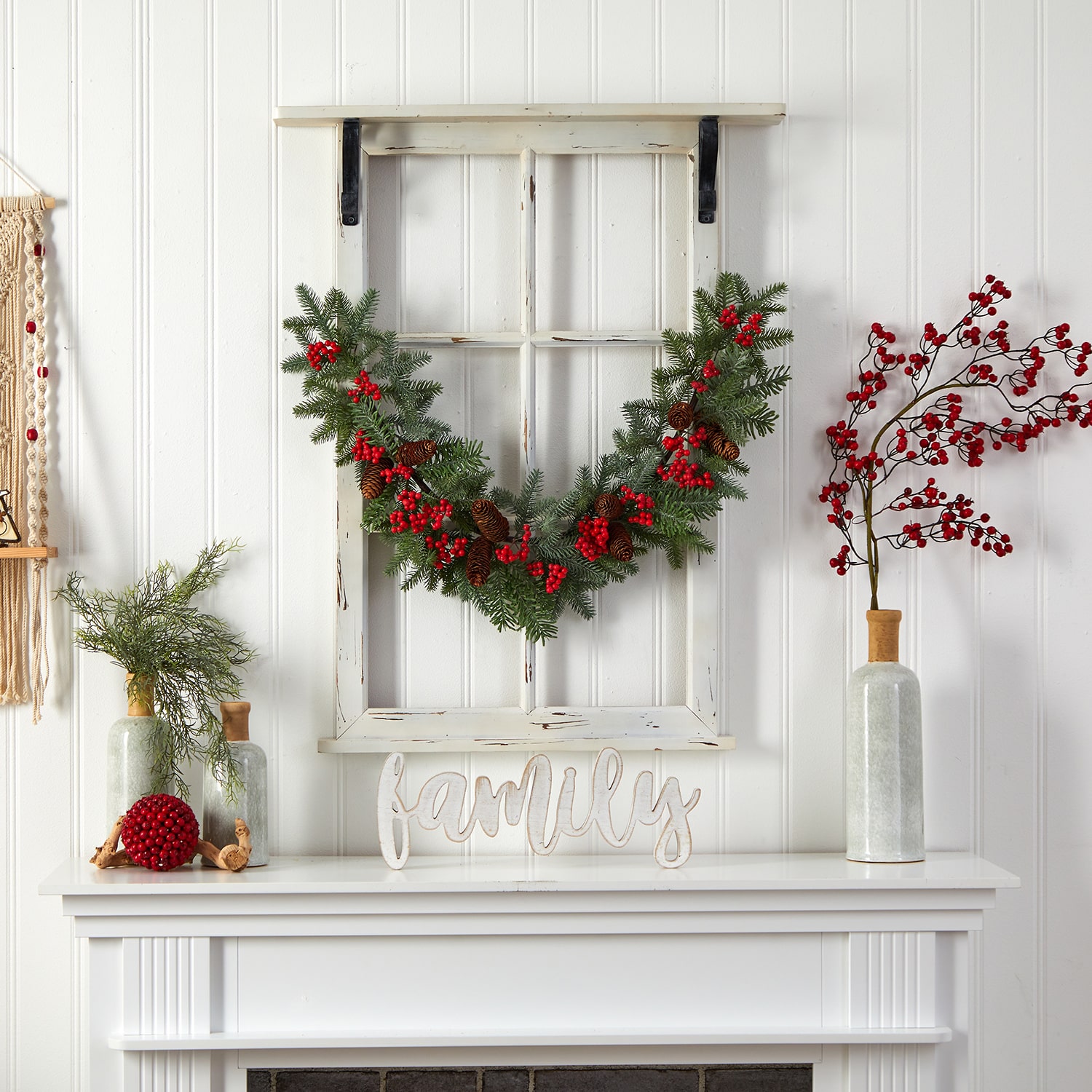 Nearly Natural 40in. Pines; Red Berries And Pinecones Christmas Indoor Garland