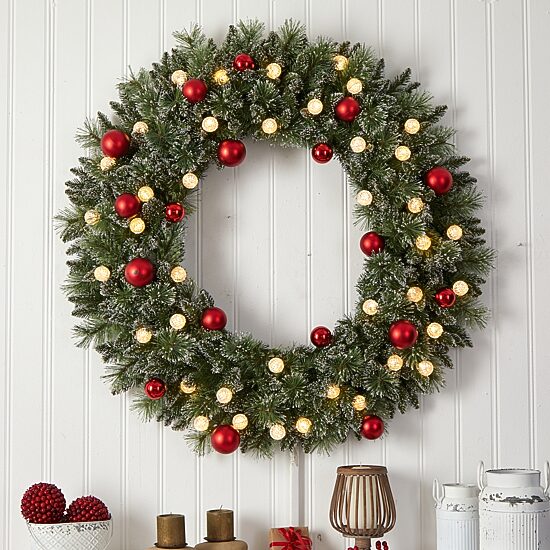 Nearly Natural 4ft. Oversized Pre-Lit Frosted Holiday Christmas With Ornaments And 40 Led Globe Lights Pre-Lit Wreath