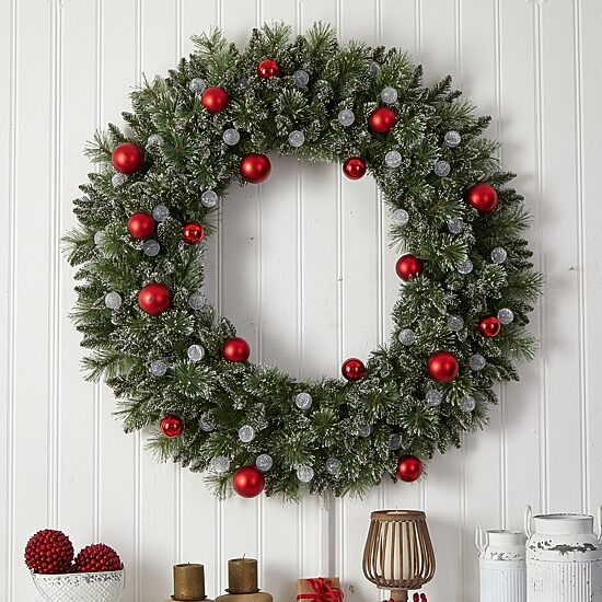 Nearly Natural 4ft. Oversized Pre-Lit Frosted Holiday Christmas With Ornaments And 40 Led Globe Lights Pre-Lit Wreath