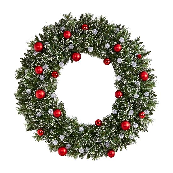 Nearly Natural 4ft. Oversized Pre-Lit Frosted Holiday Christmas With Ornaments And 40 Led Globe Lights Pre-Lit Wreath