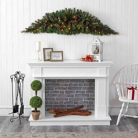 Nearly Natural 6ft. Christmas Swag With 50 Led Lights; Berries And Pine Cones Pre-Lit Swag