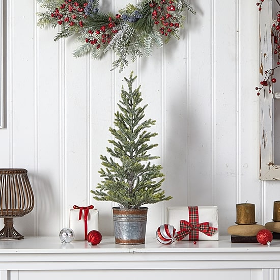 Nearly Natural 26" Natural Look Pine In Rustic Metal Planter Pre-Lit Christmas Tree