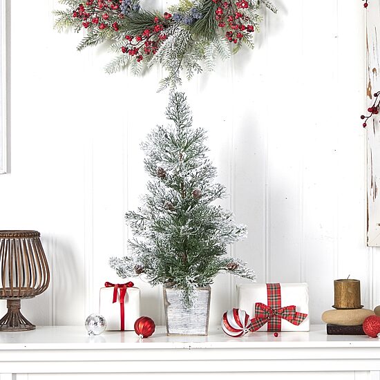 Nearly Natural 2 Foot Frosted Fir With Pinecones In Decorative Planter Pre-Lit Christmas Tree