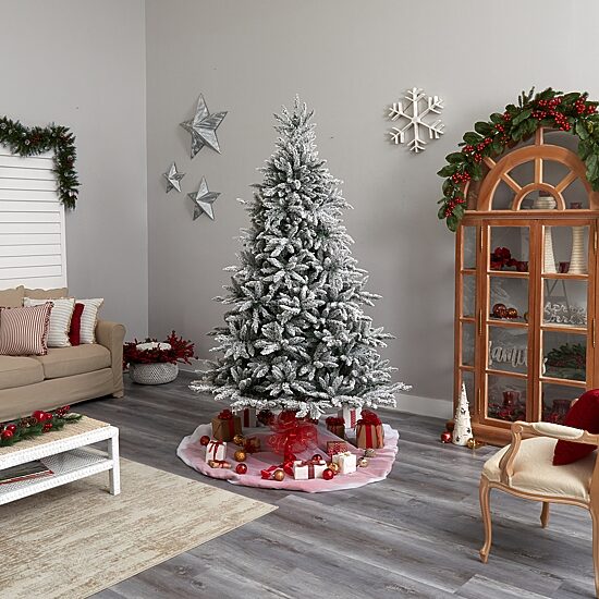 Nearly Natural 8 Foot West Virginia Flocked Spruce With 1856 Bendable Branches And 600 Clear Lights Pre-Lit Christmas Tree