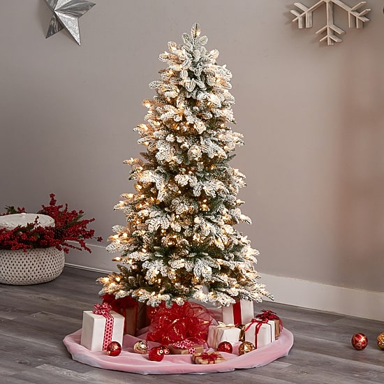 Nearly Natural 5 Foot North Carolina Flocked Fir With 1247 Bendable Branches And 350 Warm White Lights Pre-Lit Christmas Tree