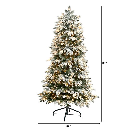Nearly Natural 5 Foot North Carolina Flocked Fir With 1247 Bendable Branches And 350 Warm White Lights Pre-Lit Christmas Tree