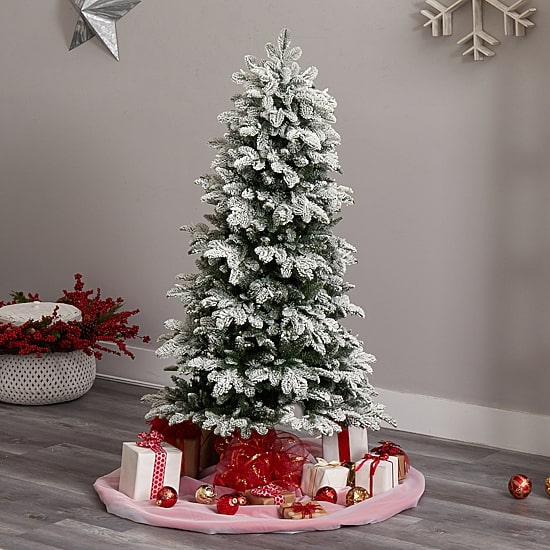 Nearly Natural 5 Foot North Carolina Flocked Fir With 1247 Bendable Branches And 350 Warm White Lights Pre-Lit Christmas Tree