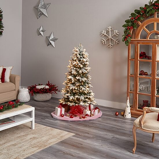 Nearly Natural 5 Foot North Carolina Flocked Fir With 1247 Bendable Branches And 350 Warm White Lights Pre-Lit Christmas Tree