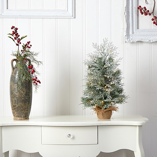 Nearly Natural 2 Foot Winter Frosted Fir In Burlap Base With 35 Led Lights Pre-Lit Christmas Tree