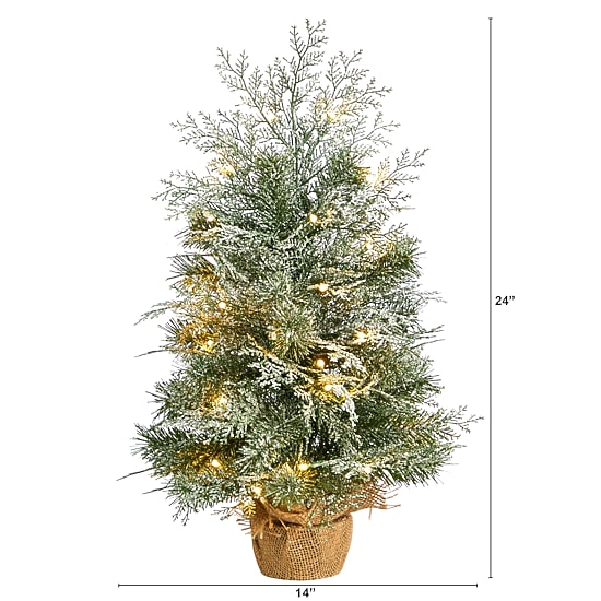 Nearly Natural 2 Foot Winter Frosted Fir In Burlap Base With 35 Led Lights Pre-Lit Christmas Tree