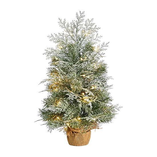 Nearly Natural 2 Foot Winter Frosted Fir In Burlap Base With 35 Led Lights Pre-Lit Christmas Tree