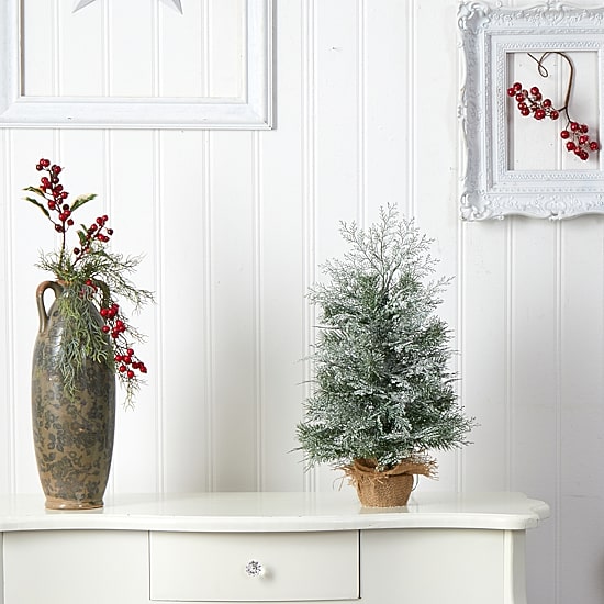 Nearly Natural 2 Foot Winter Frosted Fir In Burlap Base With 35 Led Lights Pre-Lit Christmas Tree