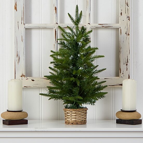 Nearly Natural 2 Foot Pine In Decorative Basket With 35 Clear Led Lights Pre-Lit Christmas Tree
