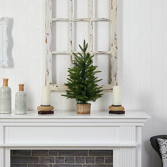 Nearly Natural 2 Foot Pine In Decorative Basket With 35 Clear Led Lights Pre-Lit Christmas Tree