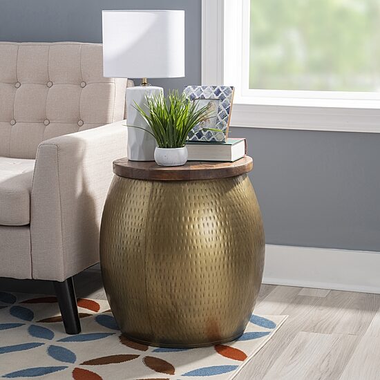 Kirkglen Wood and Iron Drum Side Table