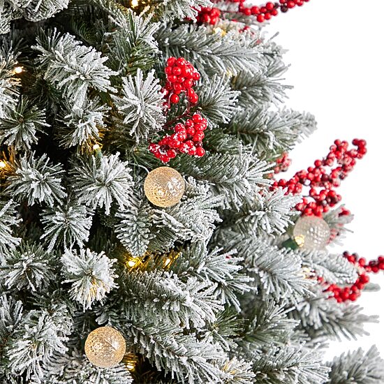 Nearly Natural 6 Foot Snow Tipped Flocked Fir With Berries And 906 Bendable Branches And 200 Led Lights And 50 Led Globe Lights Pre-Lit Christmas Tree