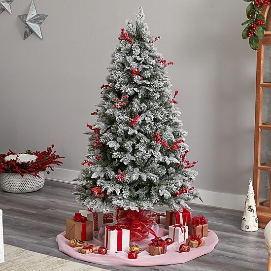 Nearly Natural 6 Foot Snow Tipped Flocked Fir With Berries And 906 Bendable Branches And 200 Led Lights And 50 Led Globe Lights Pre-Lit Christmas Tree