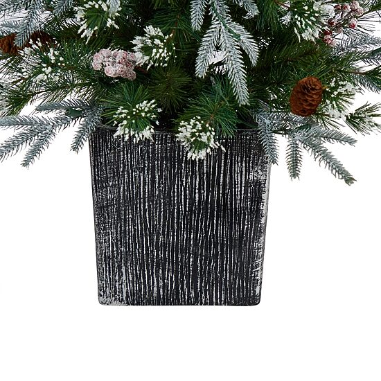 Nearly Natural 4 Foot Frosted Fir In Decorative Planter With Berries And 105 Led Lights Pre-Lit Christmas Tree