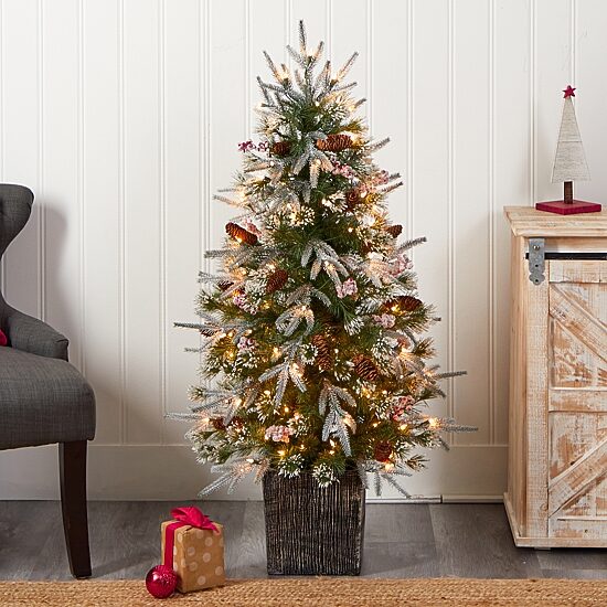 Nearly Natural 4 Foot Frosted Fir In Decorative Planter With Berries And 105 Led Lights Pre-Lit Christmas Tree