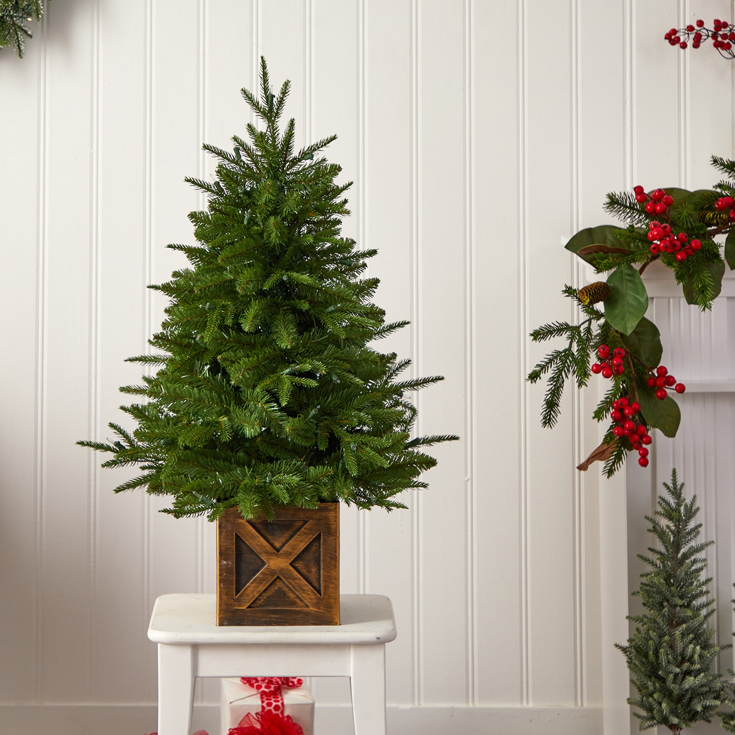 Nearly Natural 3 Foot Finland Fir In Decorative Planter Pre-Lit Christmas Tree
