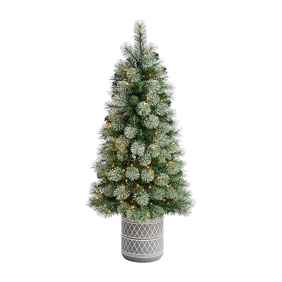 Nearly Natural 4 1/2 Foot Flocked Pine In Planter With 232 Bendable Branches And 120 Warm White Led Lights Pre-Lit Christmas Tree