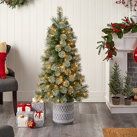 Nearly Natural 4 1/2 Foot Flocked Pine In Planter With 232 Bendable Branches And 120 Warm White Led Lights Pre-Lit Christmas Tree