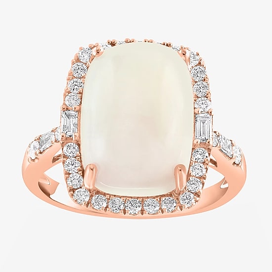 Effy Final Call Womens Genuine White Opal & 1/2 CT. T.W. Diamond 14K Rose Gold Cushion Halo Side Stone Cocktail Ring