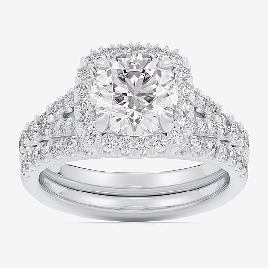 (G-H / Si1-Si2) Womens 1 5/8 CT. T.W. Lab Grown White Diamond 14K Gold Round Side Stone Halo Bridal Set