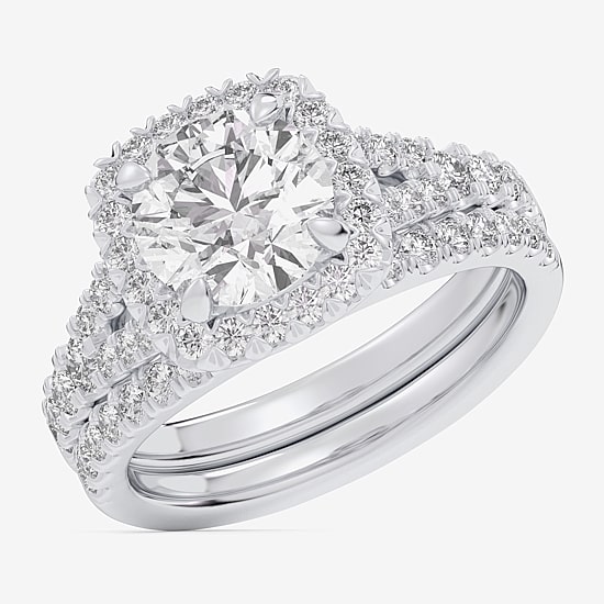 (G-H / Si1-Si2) Womens 1 5/8 CT. T.W. Lab Grown White Diamond 14K Gold Round Side Stone Halo Bridal Set