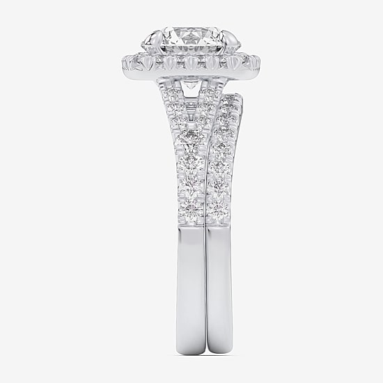 (G-H / Si1-Si2) Womens 1 5/8 CT. T.W. Lab Grown White Diamond 14K Gold Round Side Stone Halo Bridal Set