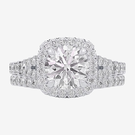 (G-H / Si1-Si2) Womens 1 5/8 CT. T.W. Lab Grown White Diamond 14K Gold Round Side Stone Halo Bridal Set