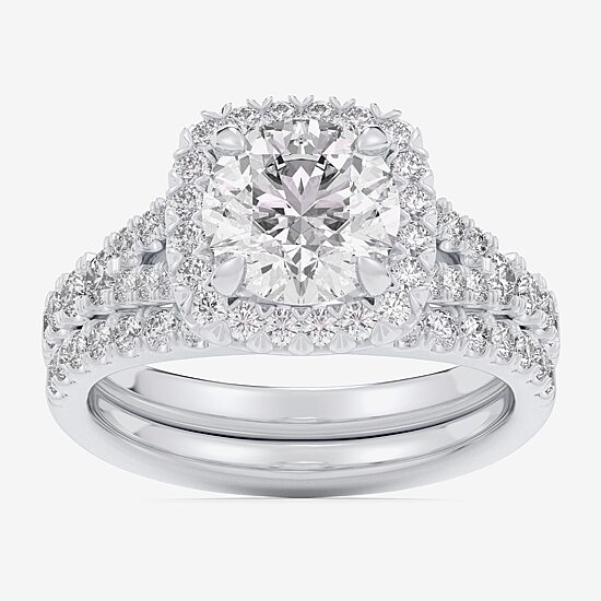 (G-H / Si1-Si2) Womens 4 CT. T.W. Lab Grown White Diamond 14K Gold Round Side Stone Halo Bridal Set